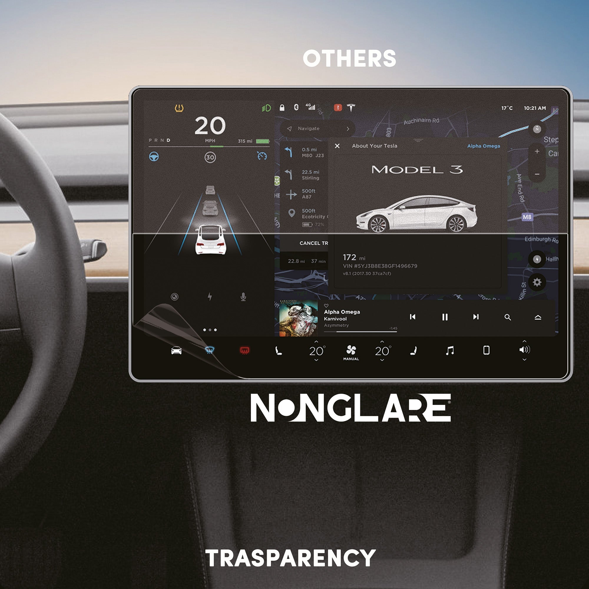 Tesla NONGLARE AR/AG Screen Protector designed for Tesla - No Reflect